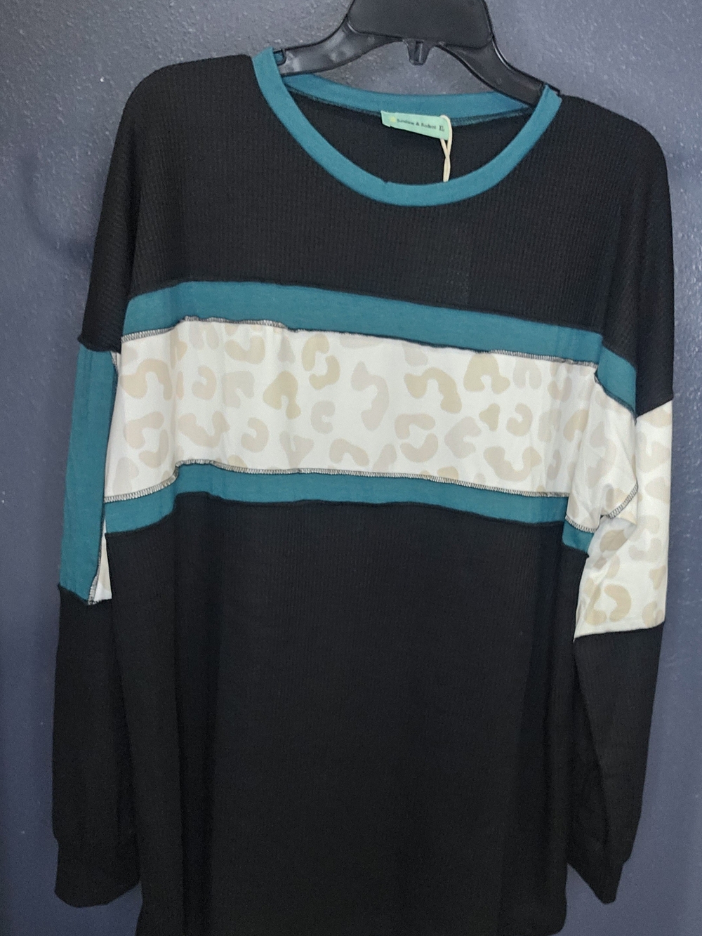 Sunshine & Rodeos Colorblock Leopard Stripe Long Sleeve Top - Teal & Black